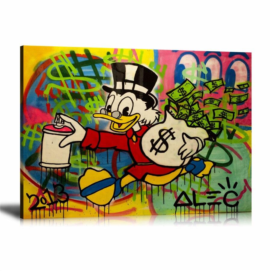 Scrooge McDuck, Running, Runaways, Cash Bag, Cartoon, Money, Dollar, Spray, Can Spray, Paint, Graffiti, Colorful, Street Art, Prints, Pop Art, Paintings, Canvas, Art, Alec Monopoly, Landscape